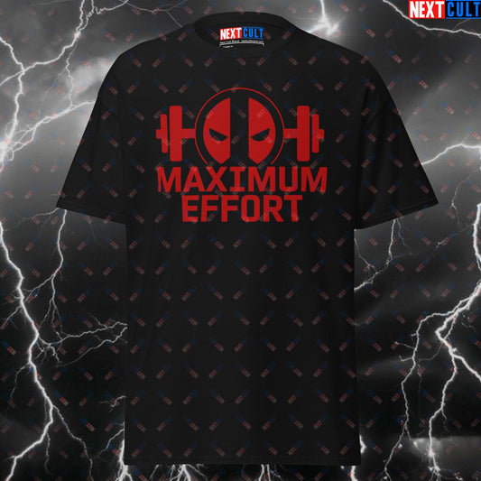 Maximum Effort Deadpool Gym Hero T-Shirt - Funny Superhero Comic Book Tee for Workout & Fitness - Pump Cover Gymbro Meme Shirt T-shirts Bodybuilding Deadpool Films Fitness Gym Powerlifting Pump Cover Superheroes Workout Next Cult Brand