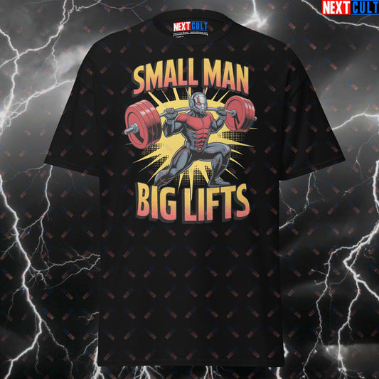 Small Man Big Lifts Funny Gym T-Shirt – Ant-Man Pump Cover Tee for Gym Heroes & Comic Book Lifters T-shirts Ant-Man Avengers Bodybuilding Films Fitness Gym Leg Day Powerlifting Pump Cover Superheroes Workout Next Cult Brand