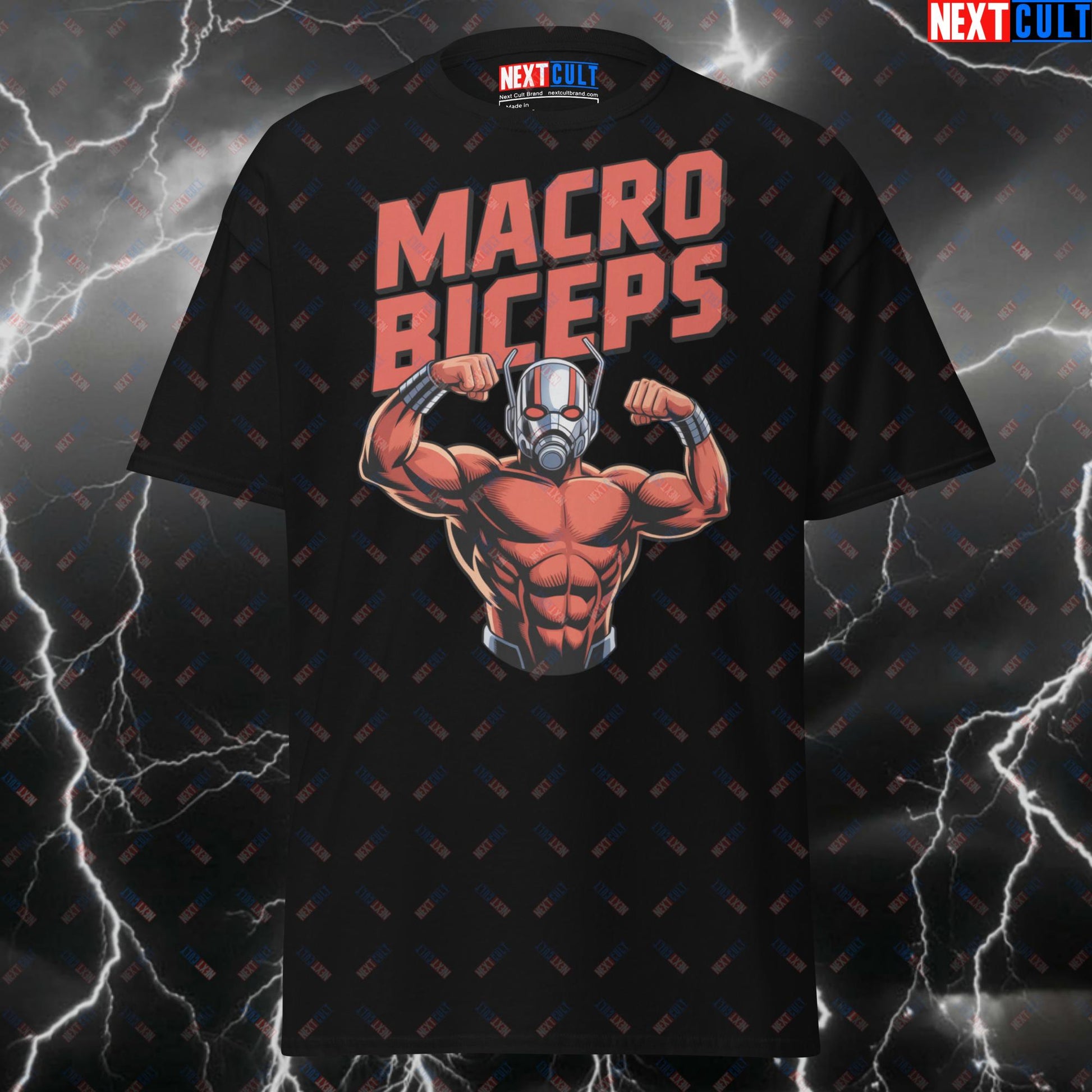 Macro Biceps Ant-Man Tee | Superhero Pump Cover for Gym Bros & Fitness Memes - Funny Gym Shirt for Lifters T-shirts Ant-Man Avengers Bodybuilding Films Fitness Gym Pump Cover Superheroes Workout Next Cult Brand