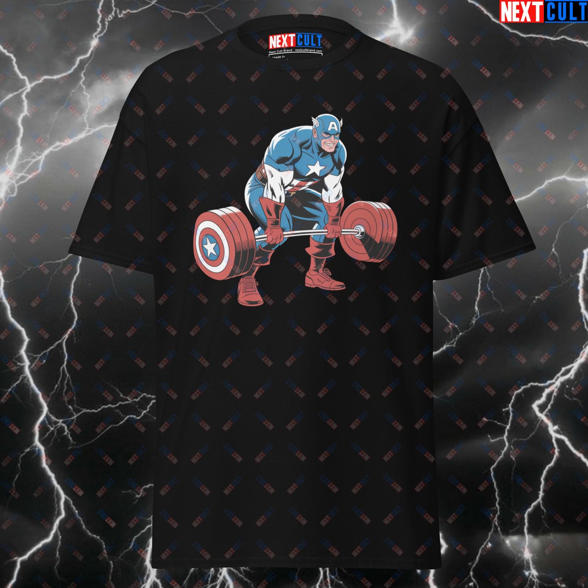 Captain Deadlift Leg Day Tee | Superhero Pump Cover for Lifters | Gymbro Meme Workout Top - Funny Gym T-Shirt T-shirts Avengers Bodybuilding Captain America Films Fitness Gym Leg Day Powerlifting Pump Cover Superheroes Workout Next Cult Brand