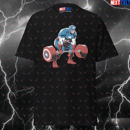 Captain Deadlift Leg Day Tee | Superhero Pump Cover for Lifters | Gymbro Meme Workout Top - Funny Gym T-Shirt T-shirts Avengers Bodybuilding Captain America Films Fitness Gym Leg Day Powerlifting Pump Cover Superheroes Workout Next Cult Brand