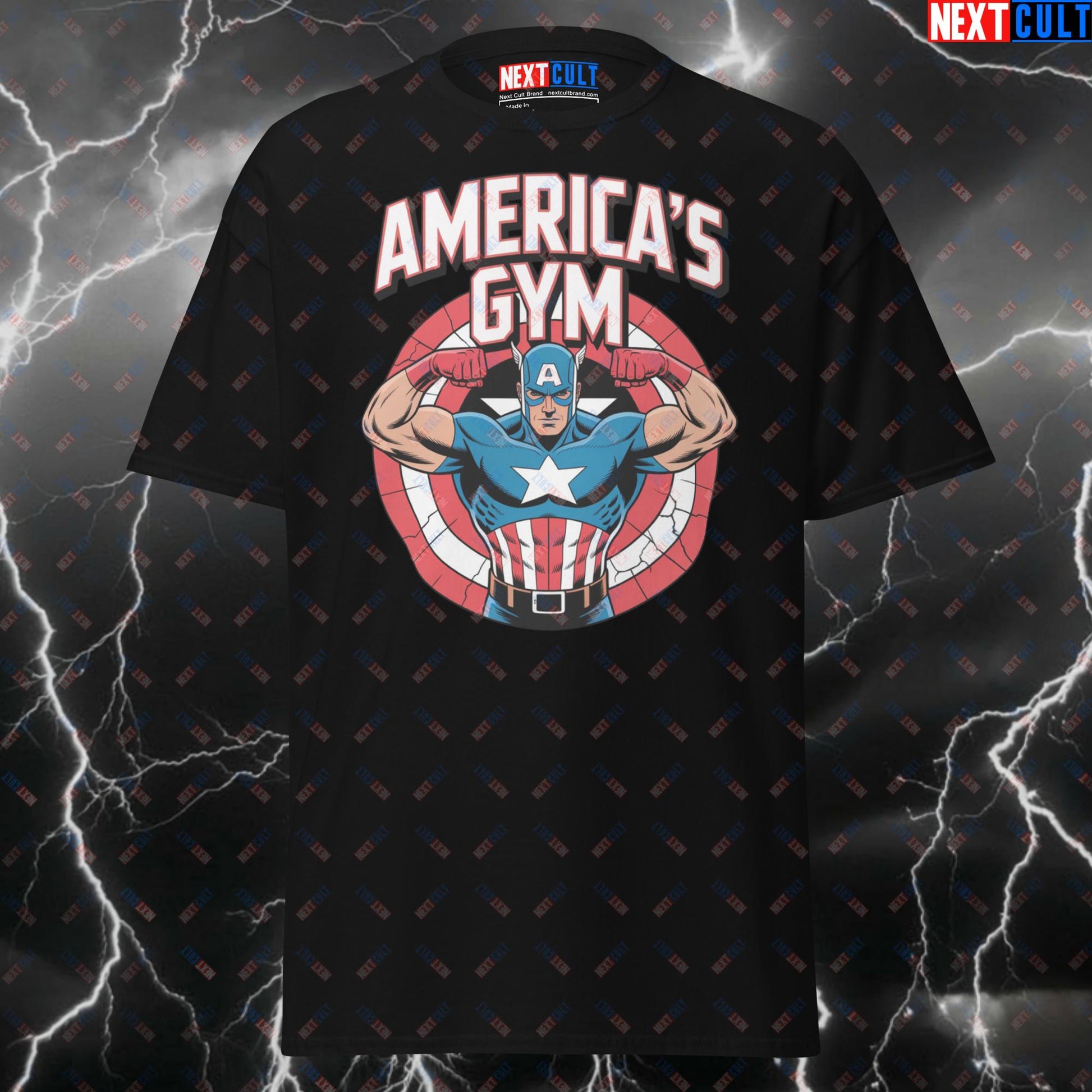 America's Gym Pump Cover Tee | Captain America Gym Hero Meme Shirt for Lifters & Gymbros - Funny Gym T-Shirt T-shirts Avengers Bodybuilding Captain America Films Fitness Gym Pump Cover Superheroes Workout Next Cult Brand