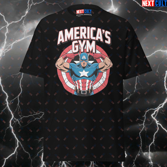 America's Gym Pump Cover Tee | Captain America Gym Hero Meme Shirt for Lifters & Gymbros - Funny Gym T-Shirt T-shirts Avengers Bodybuilding Captain America Films Fitness Gym Pump Cover Superheroes Workout Next Cult Brand