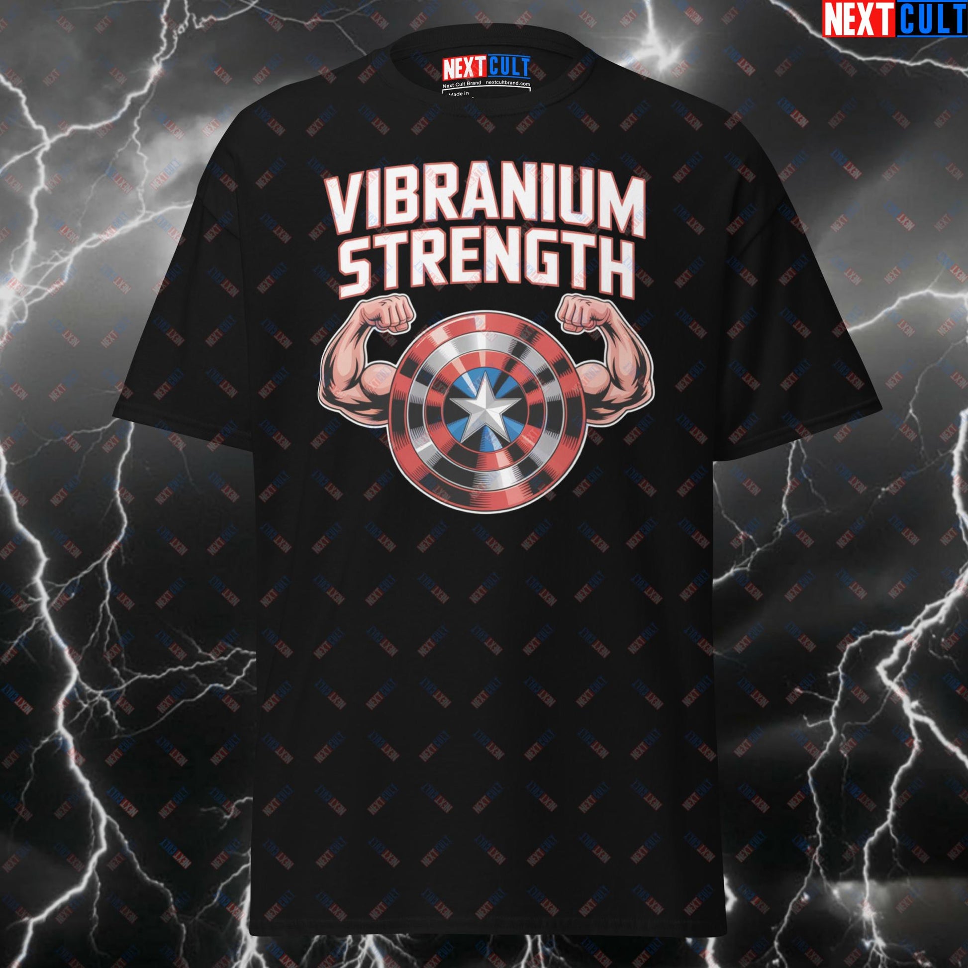Vibranium Strength Captain America Gym Hero T-Shirt - Funny Superhero Pump Cover Tee for Lifters & Gymbros T-shirts Avengers Bodybuilding Captain America Films Fitness Gym Pump Cover Superheroes Workout Next Cult Brand