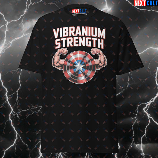 Vibranium Strength Captain America Gym Hero T-Shirt - Funny Superhero Pump Cover Tee for Lifters & Gymbros T-shirts Avengers Bodybuilding Captain America Films Fitness Gym Pump Cover Superheroes Workout Next Cult Brand