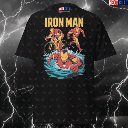 Iron Man Triathlon Funny Gym T-Shirt - Superhero Comic Book Workout Tee for Swimming, Cycling & Running Pump Cover T-shirts Avengers Cardio Films Fitness Gym Iron Man Pump Cover Superheroes Workout Next Cult Brand