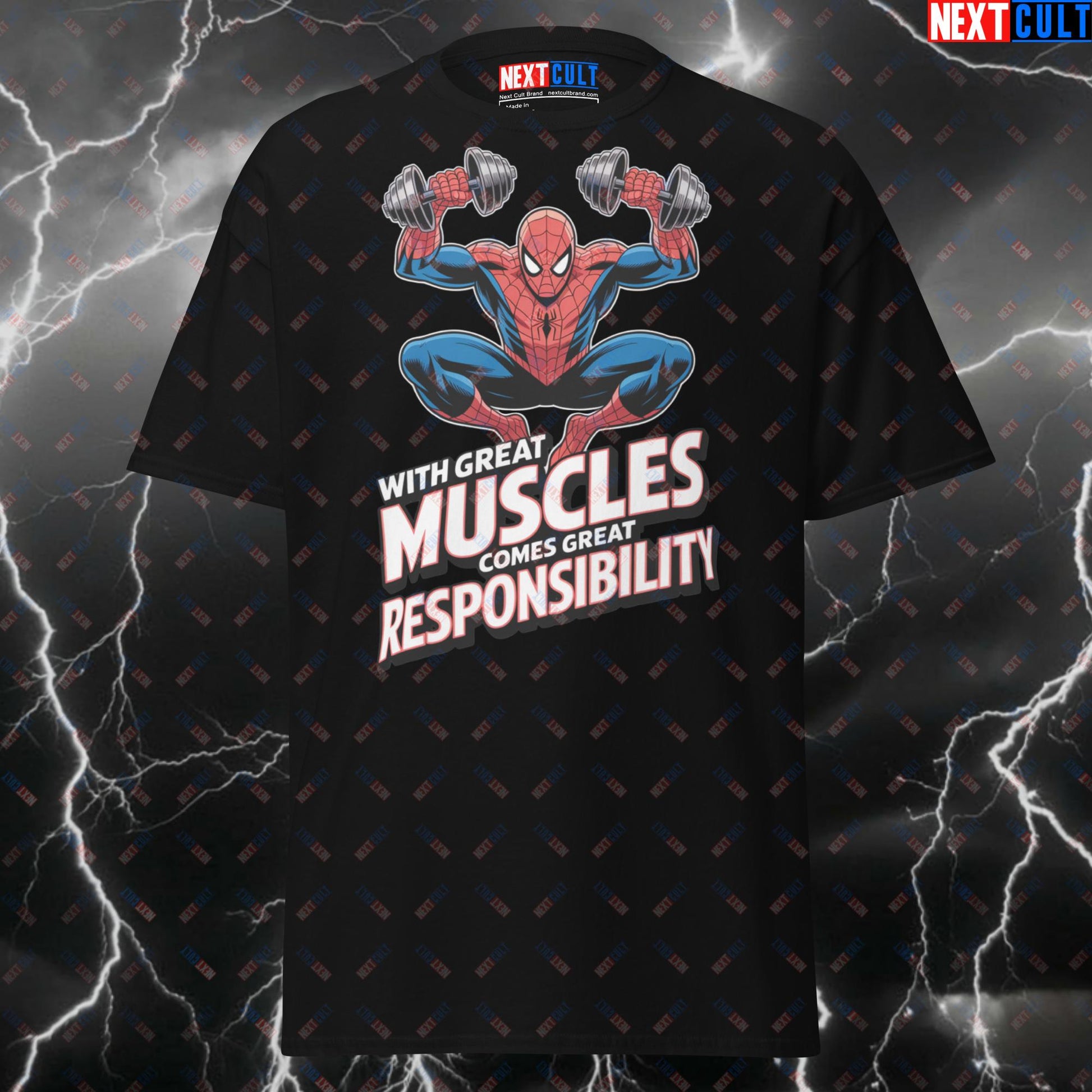 With Great Muscles Comes Great Responsibility | Spider-Man Meme Tee | Gym Hero Pump Cover for Lifters & Gymbros - Funny Gym T-Shirt T-shirts Avengers Bodybuilding Films Fitness Gym Pump Cover Spiderman Superheroes Workout Next Cult Brand