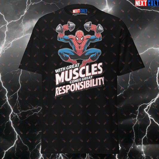 With Great Muscles Comes Great Responsibility | Spider-Man Meme Tee | Gym Hero Pump Cover for Lifters & Gymbros - Funny Gym T-Shirt T-shirts Avengers Bodybuilding Films Fitness Gym Pump Cover Spiderman Superheroes Workout Next Cult Brand