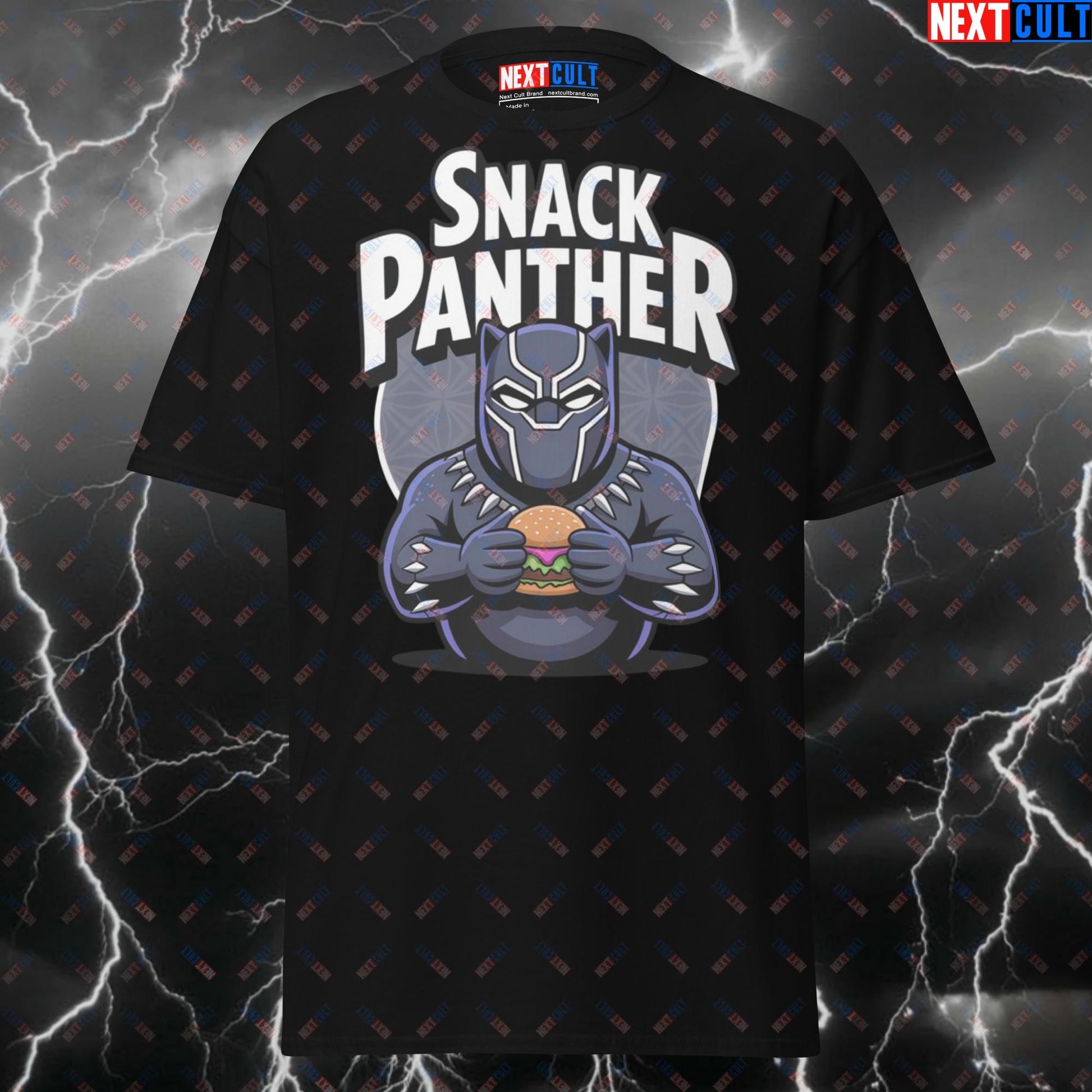 Snack Panther Funny Gym T-Shirt - Burgers & Gains Pump Cover Tee for Gym Bros & Lifters T-shirts Avengers Black Panther Fast Food Films Fitness Gym Pump Cover Superheroes Workout Next Cult Brand