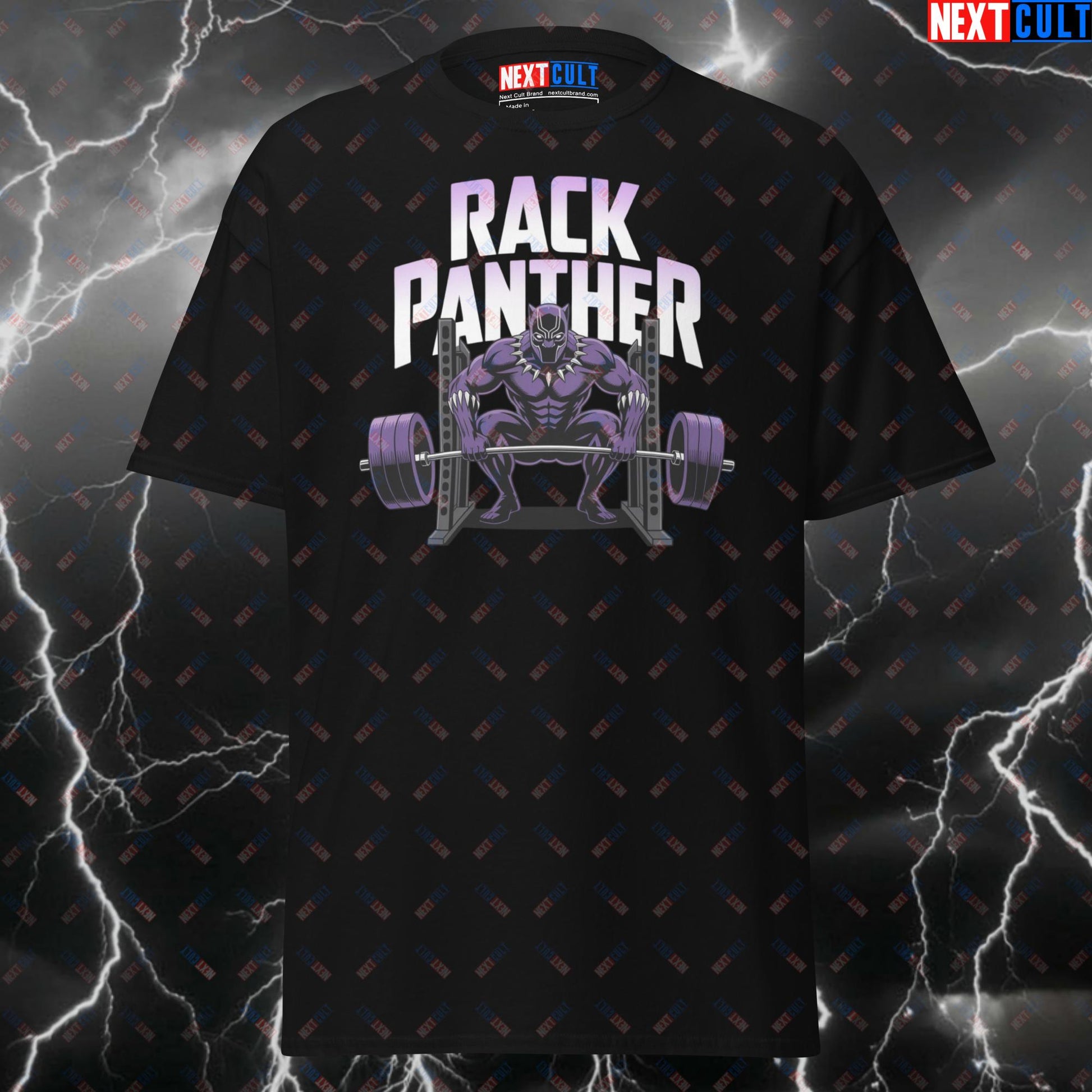 Rack Panther Funny Gym T-Shirt - Squat Rack Superhero Pump Cover Tee for Lifters, Gym Bros & Fitness Meme Lovers T-shirts Avengers Black Panther Bodybuilding Films Fitness Gym Powerlifting Pump Cover Superheroes Workout Next Cult Brand