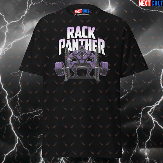 Rack Panther Funny Gym T-Shirt - Squat Rack Superhero Pump Cover Tee for Lifters, Gym Bros & Fitness Meme Lovers T-shirts Avengers Black Panther Bodybuilding Films Fitness Gym Powerlifting Pump Cover Superheroes Workout Next Cult Brand