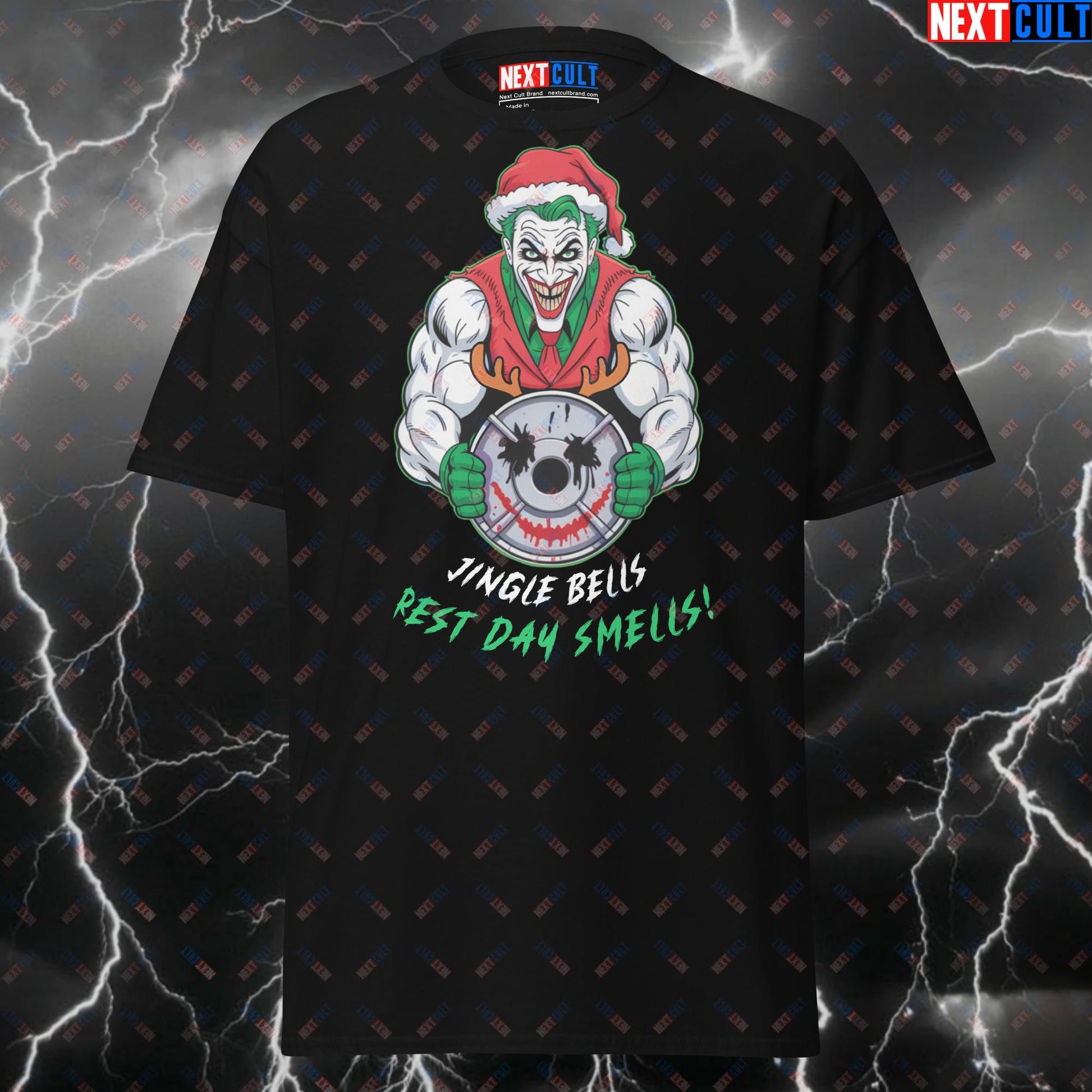 Funny Christmas Gym Shirt - Jingle Bells Rest Day Smells Jacked Joker Pump Cover Tee for Lifters, Gym Villains & Fitness Meme Lovers T-shirts Bodybuilding Christmas Films Fitness Gym Joker Powerlifting Pump Cover Superheroes Workout Next Cult Brand