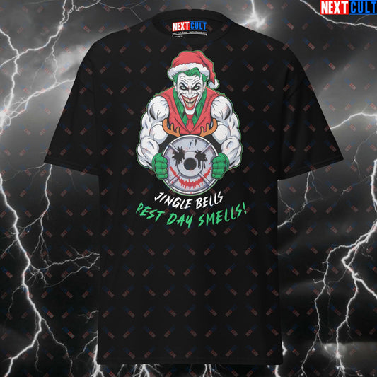 Funny Christmas Gym Shirt - Jingle Bells Rest Day Smells Jacked Joker Pump Cover Tee for Lifters, Gym Villains & Fitness Meme Lovers T-shirts Bodybuilding Christmas Films Fitness Gym Joker Powerlifting Pump Cover Superheroes Workout Next Cult Brand
