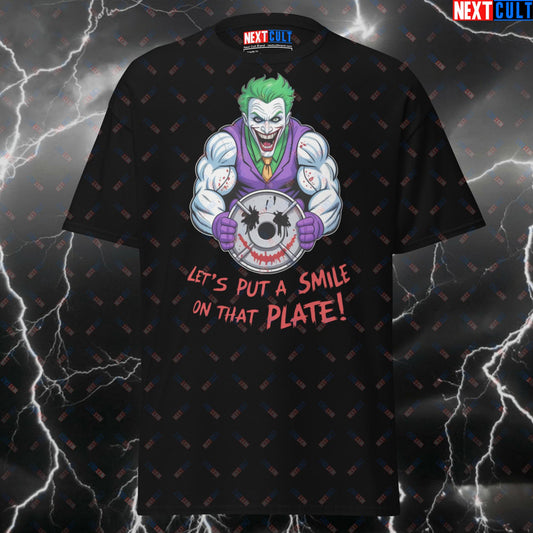 Let's Put A Smile On That Plate Funny Gym T-Shirt – Jacked Joker Pump Cover Tee for Lifters & Gym Villains T-shirts Bodybuilding Films Fitness Gym Halloween Joker Powerlifting Pump Cover Superheroes Workout Next Cult Brand