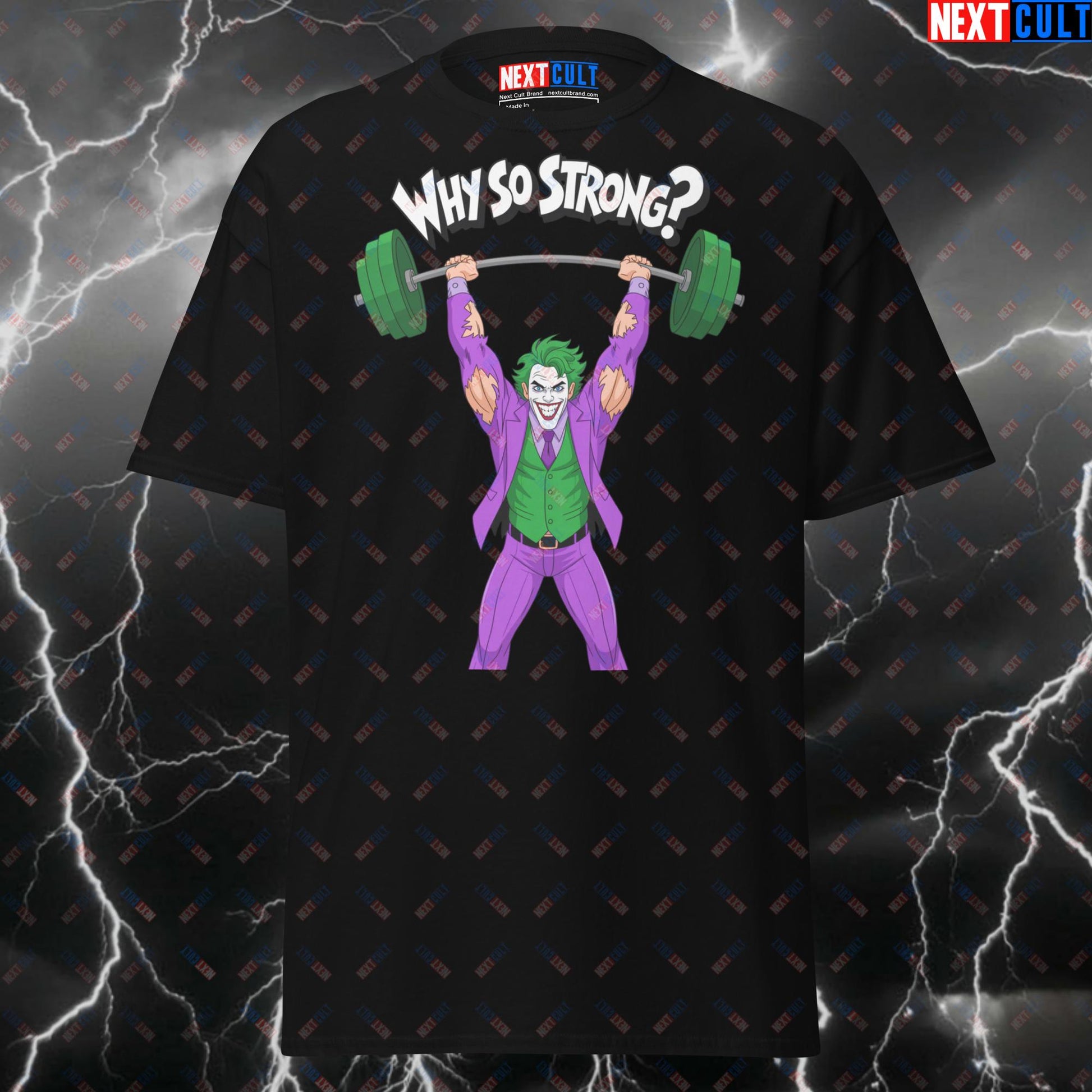 Why So Strong? Jacked Joker Gym Villain T-Shirt - Funny Gym Meme Tee for Lifters, Bodybuilding & Powerlifting Gains Pump Cover T-shirts Bodybuilding Films Fitness Gym Halloween Joker Powerlifting Pump Cover Superheroes Workout Next Cult Brand
