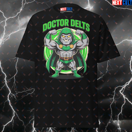 Doctor Delts Gym Villain Pump Cover - Funny Superhero Gym T-Shirt for Lifters & Gymbros - Comic Book Workout Tee T-shirts Bodybuilding Doctor Doom Films Fitness Gym Pump Cover Superheroes Workout Next Cult Brand
