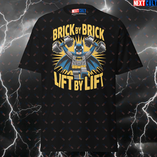 Funny LEGO Batman Gym Hero T-Shirt - Brick By Brick Lift By Lift Pump Cover Tee for Gymbros & Fitness Meme Lovers T-shirts Batman Bodybuilding Films Fitness Gym Justice League LEGO Pump Cover Superheroes Workout Next Cult Brand