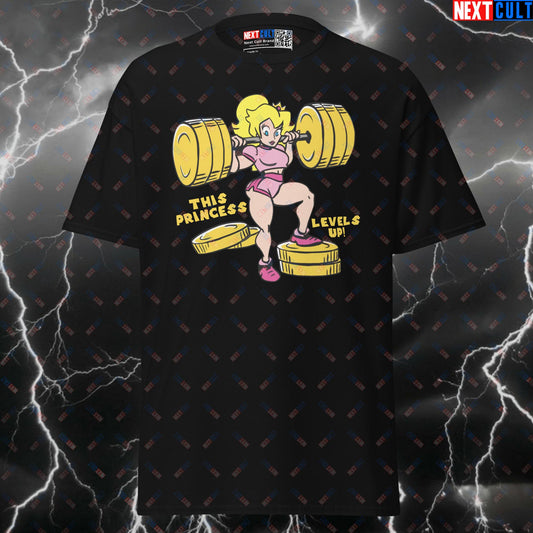 This Princess Levels Up Funny Gym Shirt | Princess Peach Booty Leg Day Meme Tee | Fitness Pump Cover Top T-shirts Bodybuilding Fitness Gym Leg Day Powerlifting Pump Cover Video Games Workout Next Cult Brand