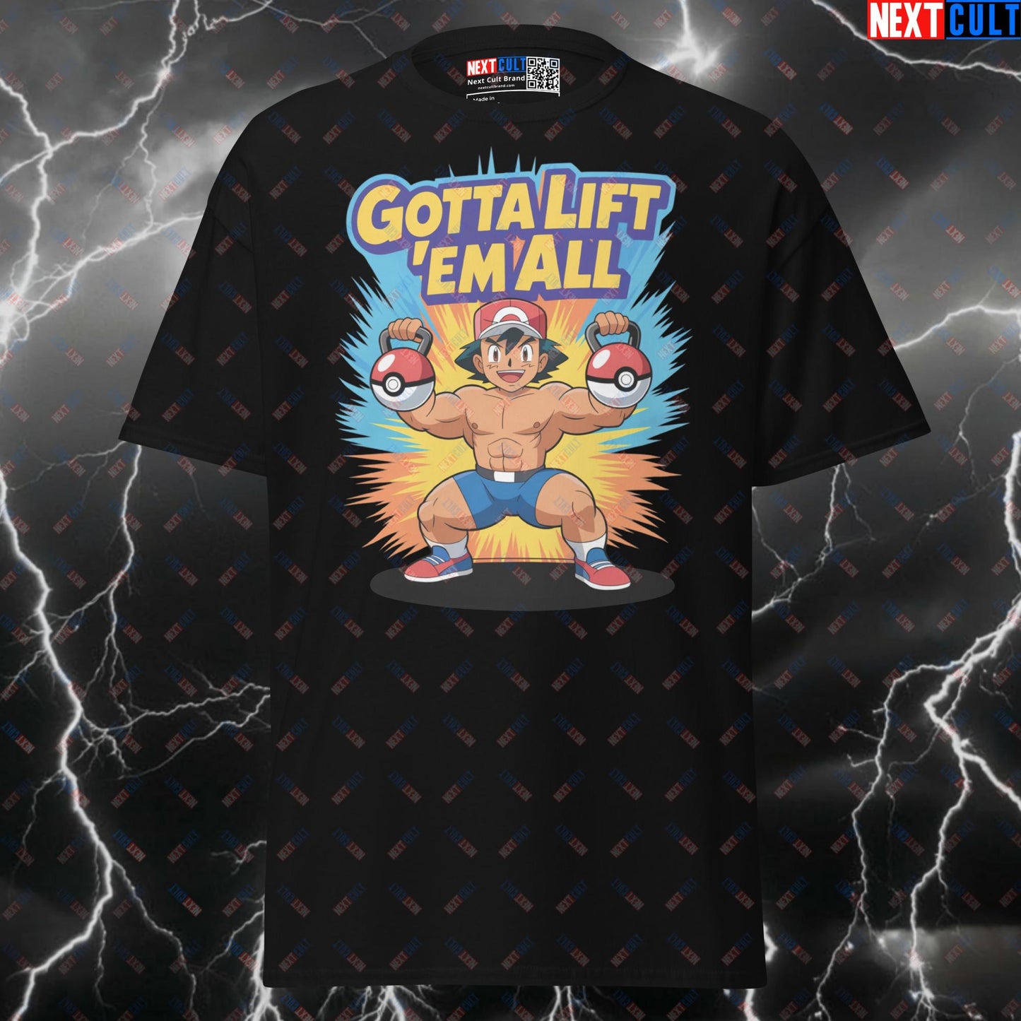 Gotta Lift 'Em All Funny Gym T-Shirt | Pokemon Kettlebells Meme Pump Cover Top for Lifters T-shirts Anime Bodybuilding Fitness Gym Pokemon Pump Cover TV Video Games Workout Next Cult Brand