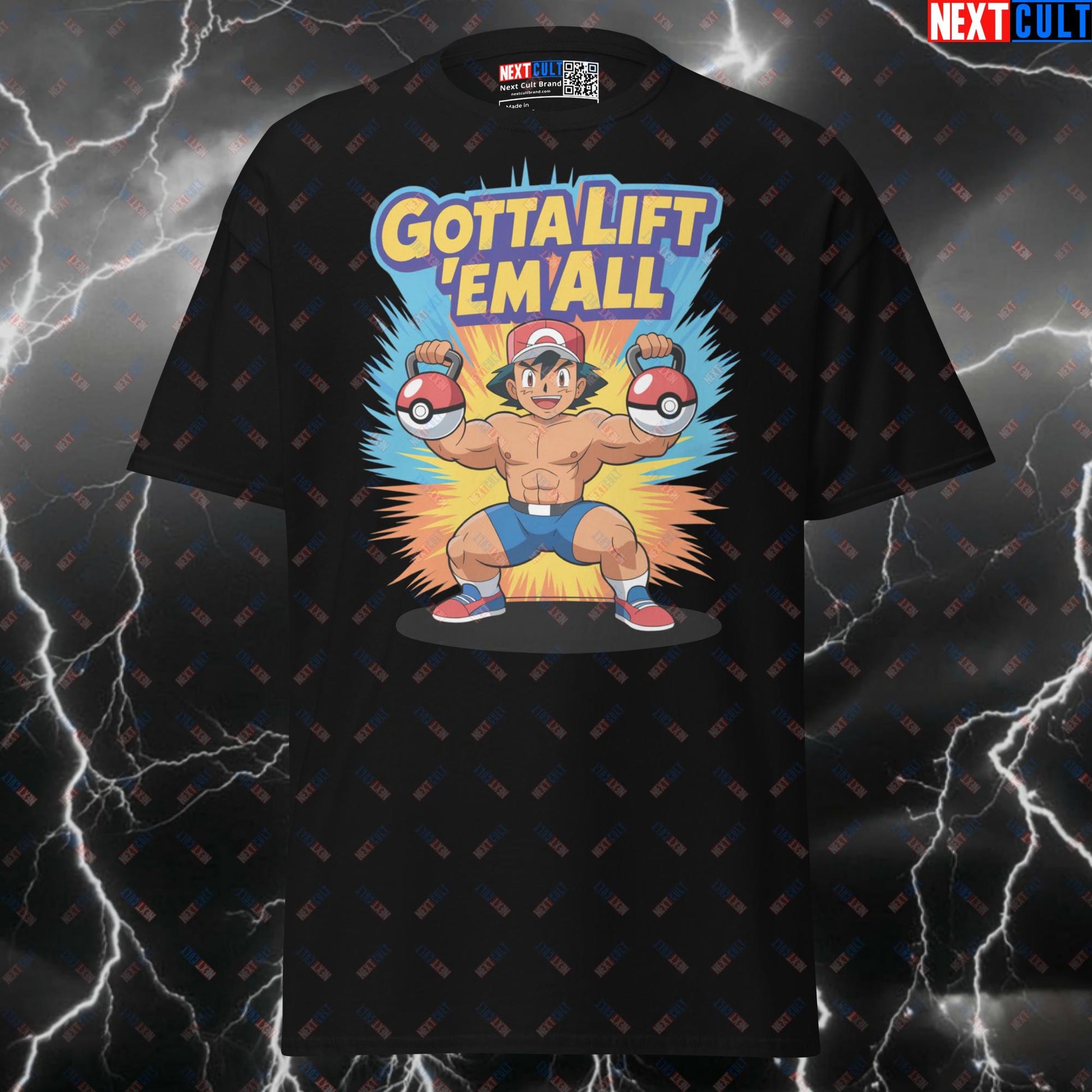 Gotta Lift 'Em All Funny Gym T-Shirt | Pokemon Kettlebells Meme Pump Cover Top for Lifters T-shirts Anime Bodybuilding Fitness Gym Pokemon Pump Cover TV Video Games Workout Next Cult Brand