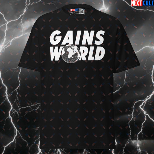 Gains World Funny Gym Shirt Meme Tee - Essential Bodybuilding Pump Cover Top for Lifters T-shirts Bodybuilding Films Fitness Gym Pump Cover Workout Next Cult Brand