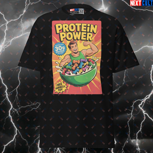 Protein Power Cereal Funny Gym Shirt - Retro Cereal Box Design Pump Cover Top for Lifters & Gains T-shirts Bodybuilding Fast Food Fitness Gym Powerlifting Pump Cover Workout Next Cult Brand
