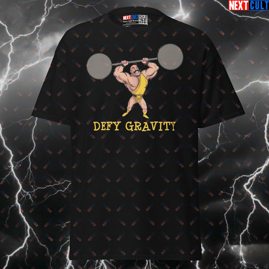 Defy Gravity Funny Gym Shirt | Old School Weight Lifter Strongman Meme Tee Pump Cover Graphic Top T-shirts Bodybuilding Fitness Gym Powerlifting Pump Cover Workout Next Cult Brand