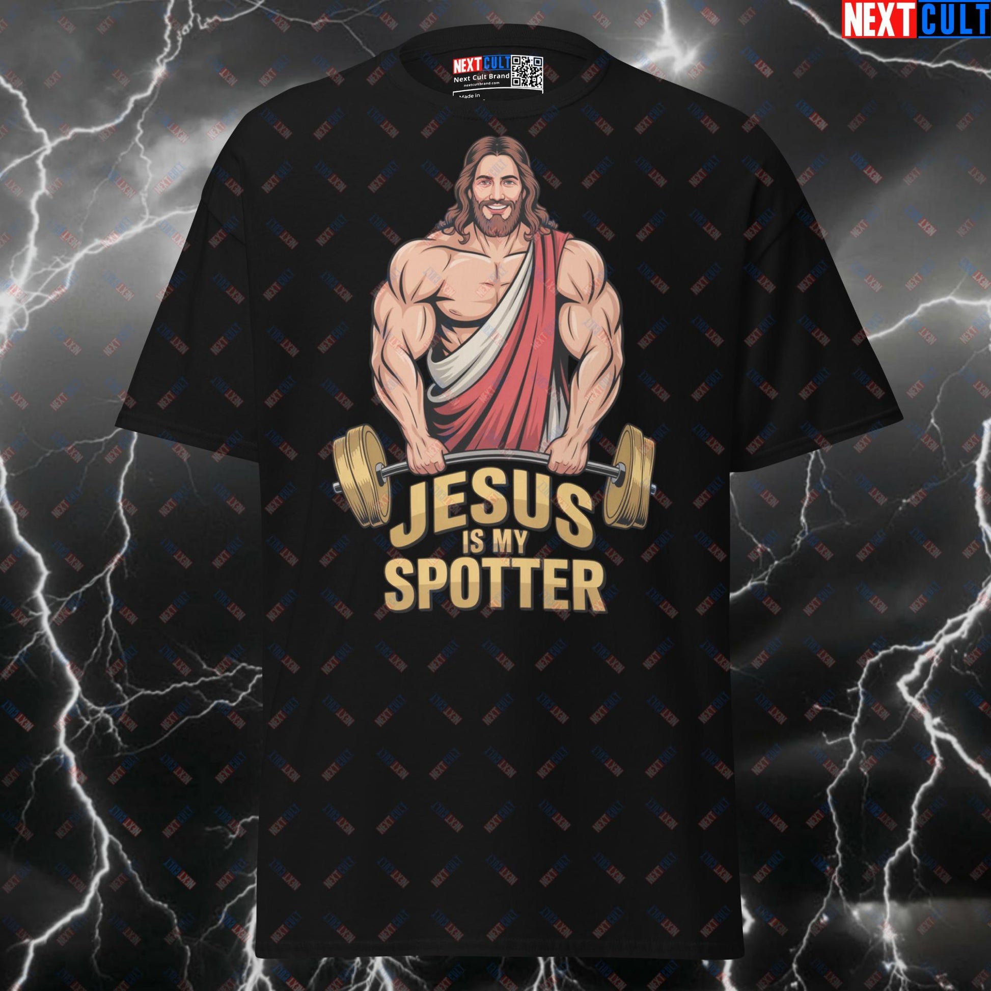Jesus Is My Spotter Funny Gym T-Shirt - Graphic Tee Workout Top & Pump Cover for Lifters T-shirts Bodybuilding Easter Fitness Gym Jesus Powerlifting Pump Cover Workout Next Cult Brand
