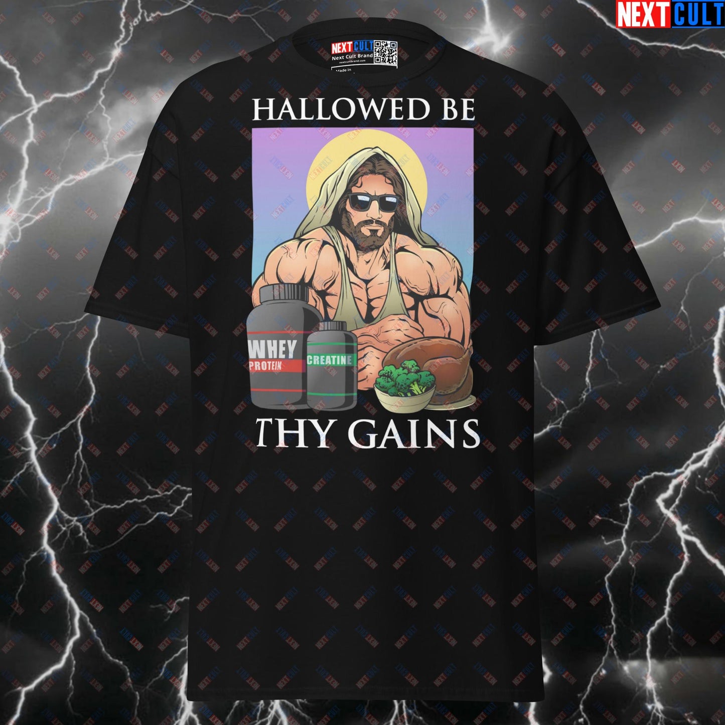 Hallowed Be Thy Gains Funny Gym Shirt | Jesus Bodybuilding Graphic Tee for Lifters & Pump Cover T-shirts Bodybuilding Easter Fitness Gym Jesus Pump Cover Workout Next Cult Brand