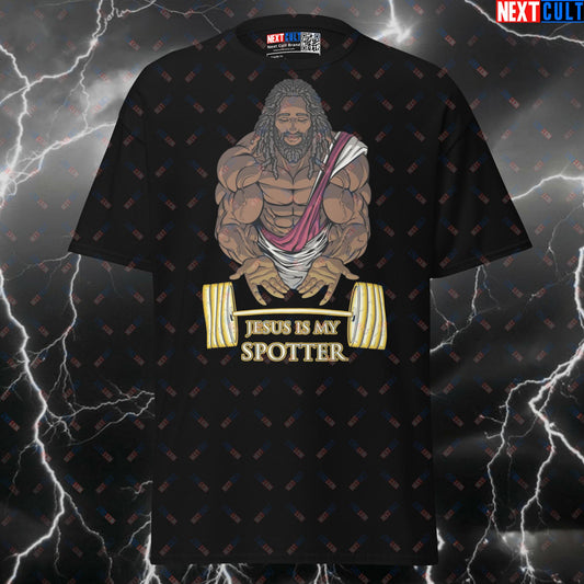 Funny Gym T-Shirt Jesus Is My Spotter Meme Tee | Black Jesus Powerlifting Pump Cover Top T-shirts Bodybuilding Easter Fitness Gym Jesus Powerlifting Pump Cover Workout Next Cult Brand