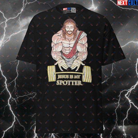 Jesus Is My Spotter Funny Gym Shirt - Graphic Tee for Lifters & Fitness Meme Pump Cover Top T-shirts Bodybuilding Easter Fitness Gym Jesus Powerlifting Pump Cover Workout Next Cult Brand