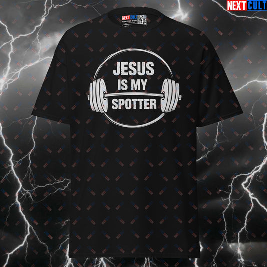 Jesus Is My Spotter Funny Gym T-Shirt | Faith & Fitness Pump Cover Top for Lifters T-shirts Bodybuilding Easter Fitness Gym Jesus Powerlifting Pump Cover Workout Next Cult Brand