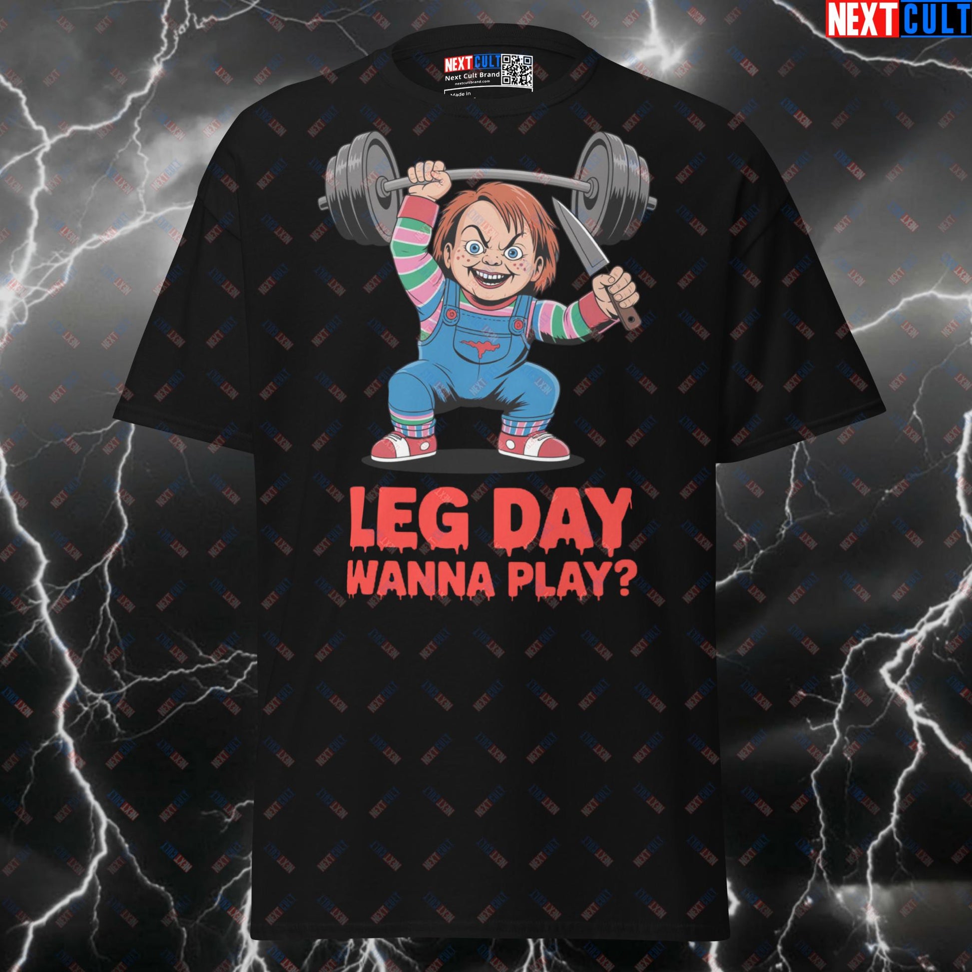 Leg Day Wanna Play? Funny Horror Gym T-Shirt - Chucky Meme Pump Cover Tee Next Cult Brand