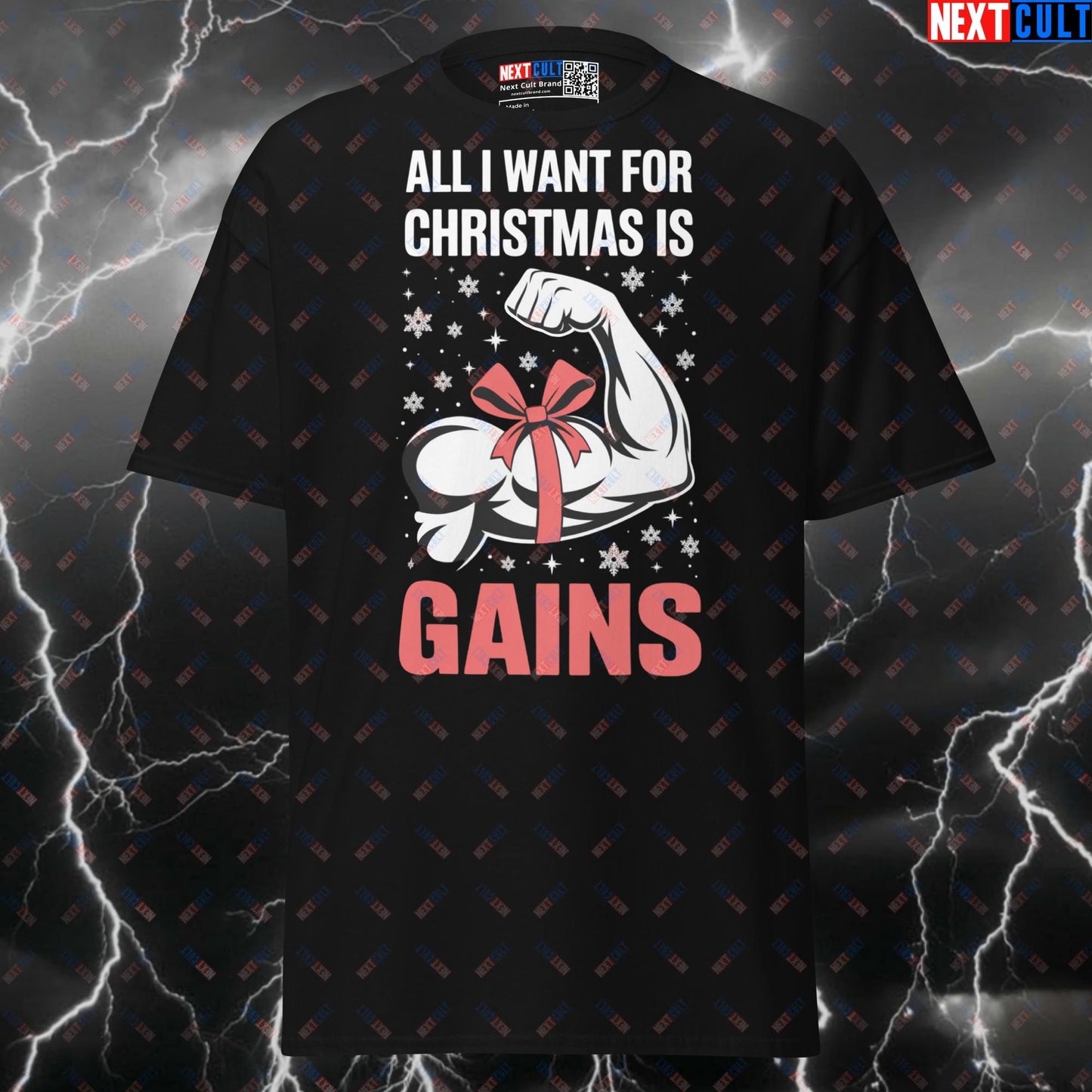 All I Want For Christmas Is Gains Funny Gym T-Shirt | Festive Fitmas Liftmas Pump Cover Tee T-shirts Bodybuilding Christmas Fitness Gym Powerlifting Pump Cover Workout Next Cult Brand