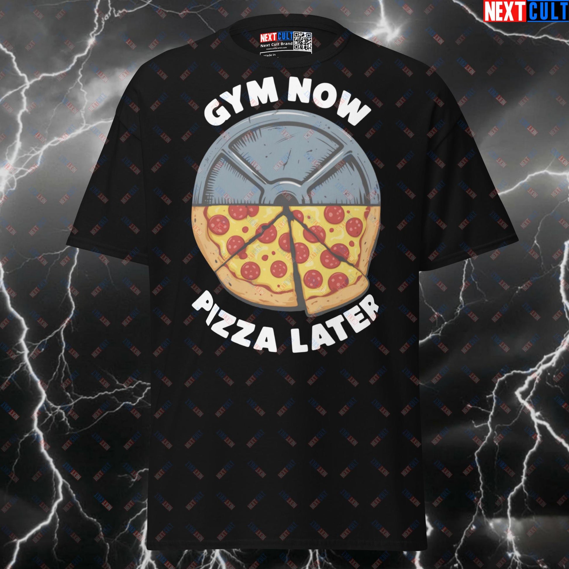 Gym Now Pizza Later Funny Gym Shirt - Graphic Tee for Lifters & Pizza Lovers Meme Pump Cover Top T-shirts Bodybuilding Fast Food Fitness Gym Powerlifting Pump Cover Workout Next Cult Brand