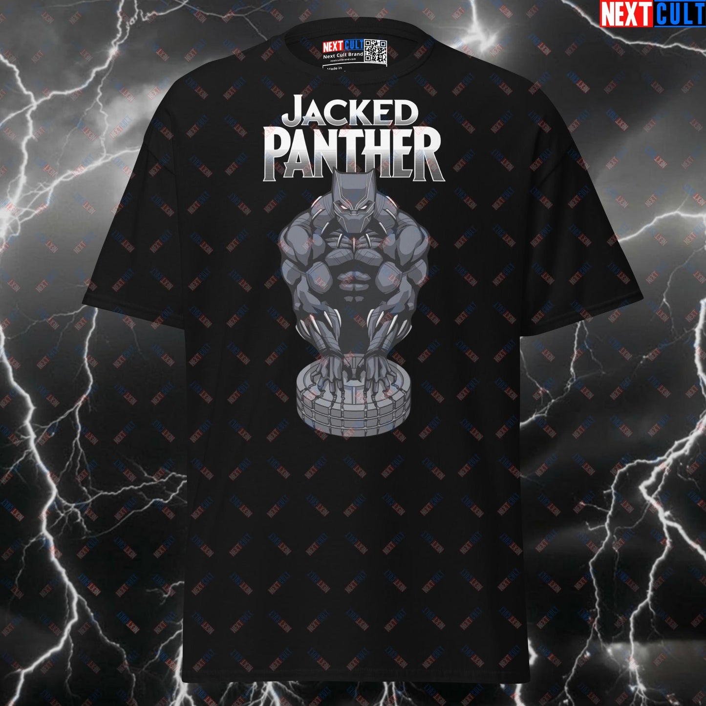 Jacked Panther Superhero Gym Meme Tee - Funny Workout Pump Cover Shirt for Lifters & Gains T-shirts Avengers Black Panther Bodybuilding Films Fitness Gym Powerlifting Pump Cover Superheroes Workout Next Cult Brand