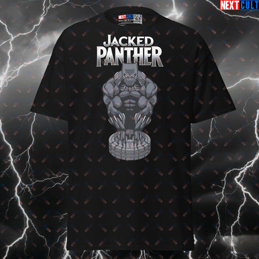 Jacked Panther Superhero Gym Meme Tee - Funny Workout Pump Cover Shirt for Lifters & Gains T-shirts Avengers Black Panther Bodybuilding Films Fitness Gym Powerlifting Pump Cover Superheroes Workout Next Cult Brand
