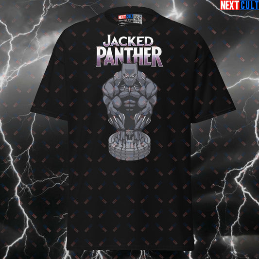 Jacked Panther Superhero Gym Meme Tee - Funny Workout Pump Cover Graphic T-Shirt for Lifters T-shirts Avengers Black Panther Bodybuilding Films Fitness Gym Powerlifting Pump Cover Superheroes Workout Next Cult Brand