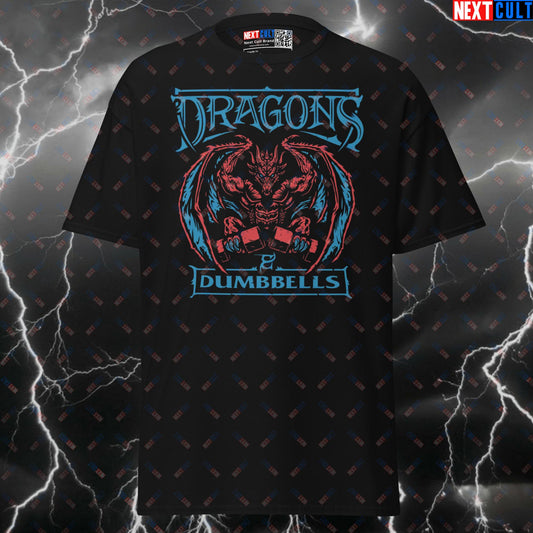 Dragons and Dumbbells Funny Gym Shirt | D&D Meme Graphic Tee for Lifters & Gymbros | Pump Cover Top T-shirts Bodybuilding Dungeons & Dragons Fitness Gym Pump Cover Workout Next Cult Brand