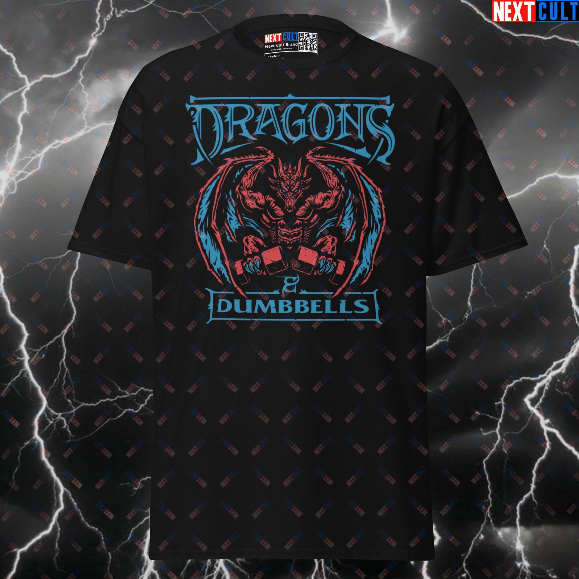 Dragons and Dumbbells Funny Gym Shirt | D&D Meme Graphic Tee for Lifters & Gymbros | Pump Cover Top T-shirts Bodybuilding Dungeons & Dragons Fitness Gym Pump Cover Workout Next Cult Brand