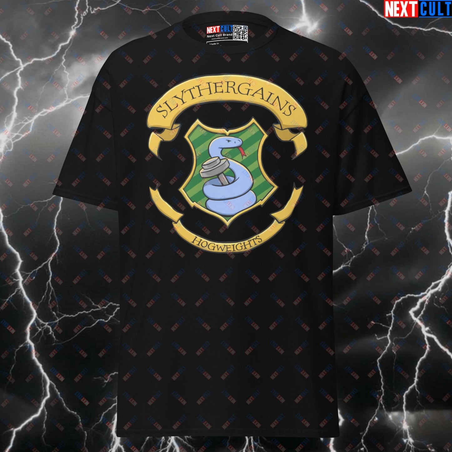 Slythergains Funny Gym T-Shirt | Hogwarts Workout Pump Cover Tee for Lifters & Gymbros T-shirts Bodybuilding Books Films Fitness Gym Harry Potter Powerlifting Pump Cover Workout Next Cult Brand