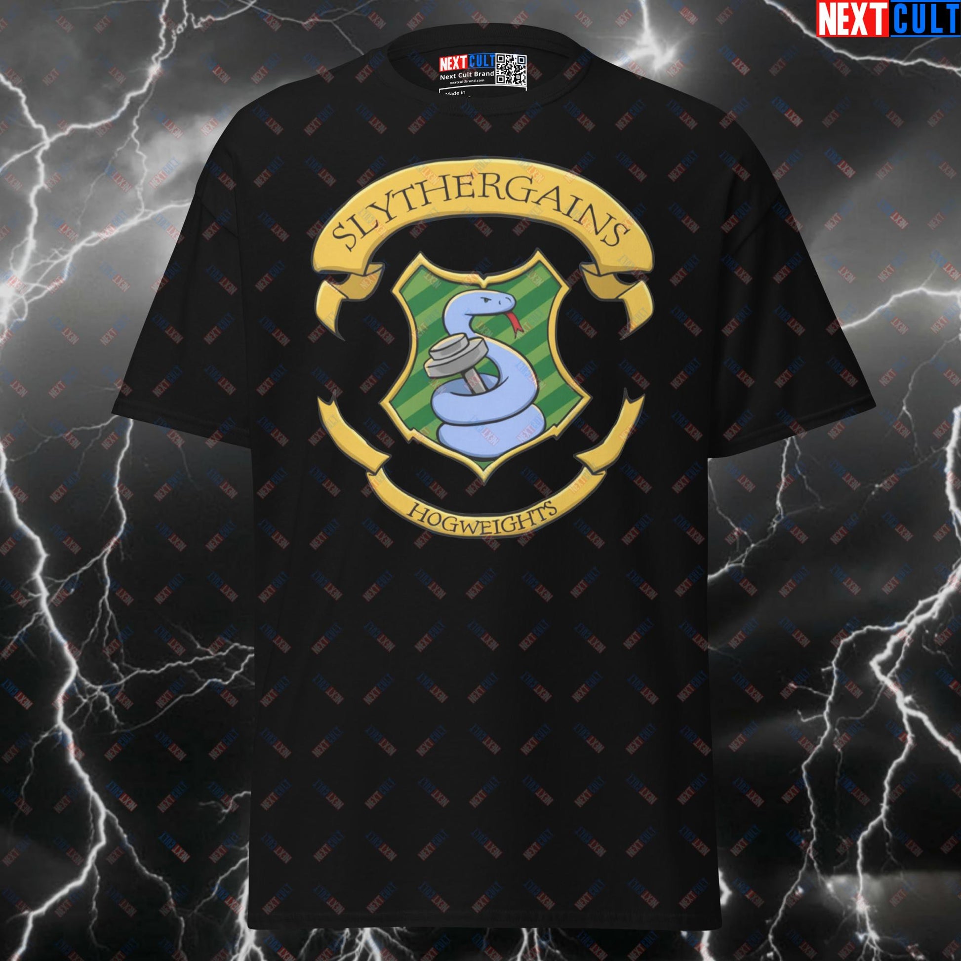 Slythergains Funny Gym T-Shirt | Hogwarts Workout Pump Cover Tee for Lifters & Gymbros T-shirts Bodybuilding Books Films Fitness Gym Harry Potter Powerlifting Pump Cover Workout Next Cult Brand