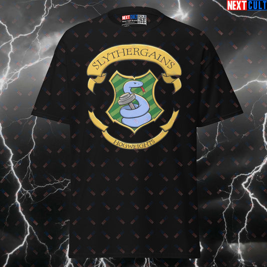 Slythergains Funny Gym T-Shirt | Hogwarts Workout Pump Cover Tee for Lifters & Gymbros T-shirts Bodybuilding Books Films Fitness Gym Harry Potter Powerlifting Pump Cover Workout Next Cult Brand