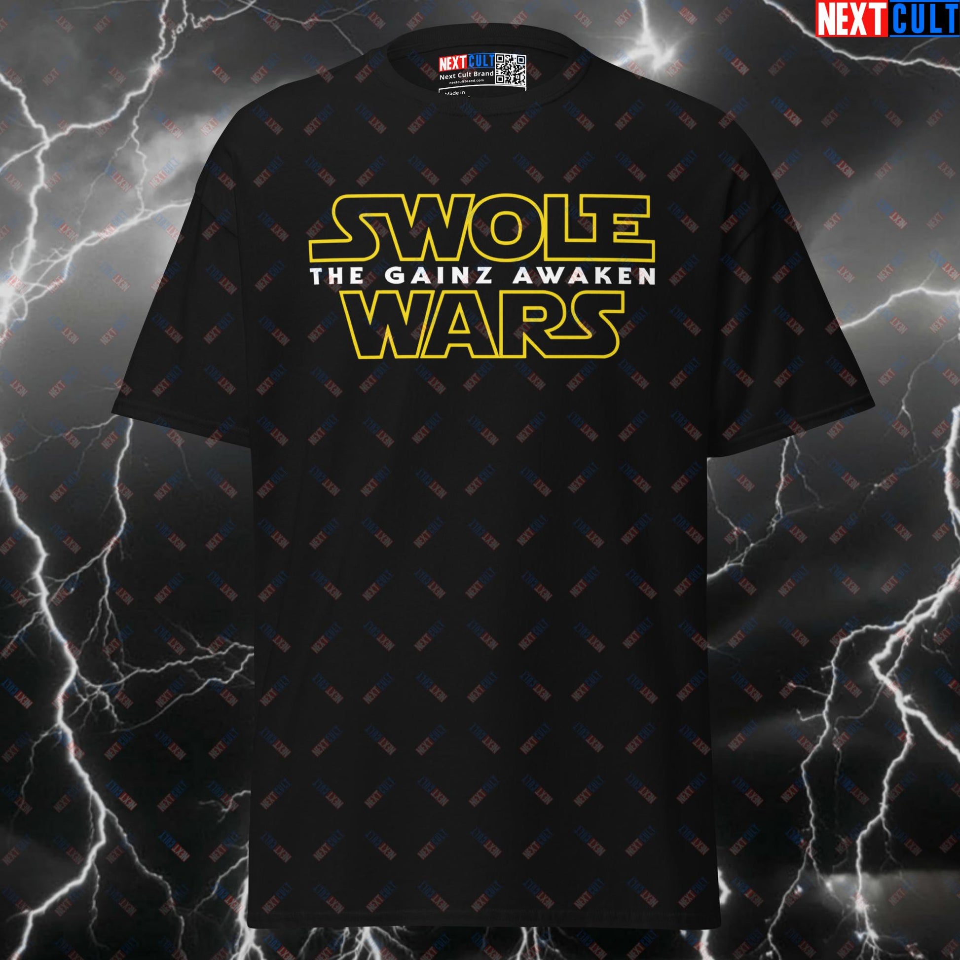 Swole Wars The Gainz Awaken Funny Gym Shirt - Star Wars Meme Pump Cover Graphic Tee for Lifters T-shirts Bodybuilding Films Fitness Gym Powerlifting Pump Cover Star Wars Workout Next Cult Brand