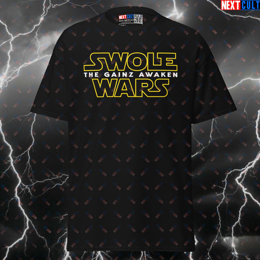 Swole Wars The Gainz Awaken Funny Gym Shirt - Star Wars Meme Pump Cover Graphic Tee for Lifters T-shirts Bodybuilding Films Fitness Gym Powerlifting Pump Cover Star Wars Workout Next Cult Brand