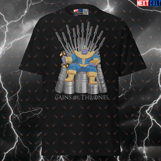 Gains Of Thrones Funny Gym T-Shirt | Thanos Metal Weights Throne Pump Cover Tee T-shirts Bodybuilding Films Fitness Game of Thrones Gym Pump Cover Superheroes Thanos TV Workout Next Cult Brand
