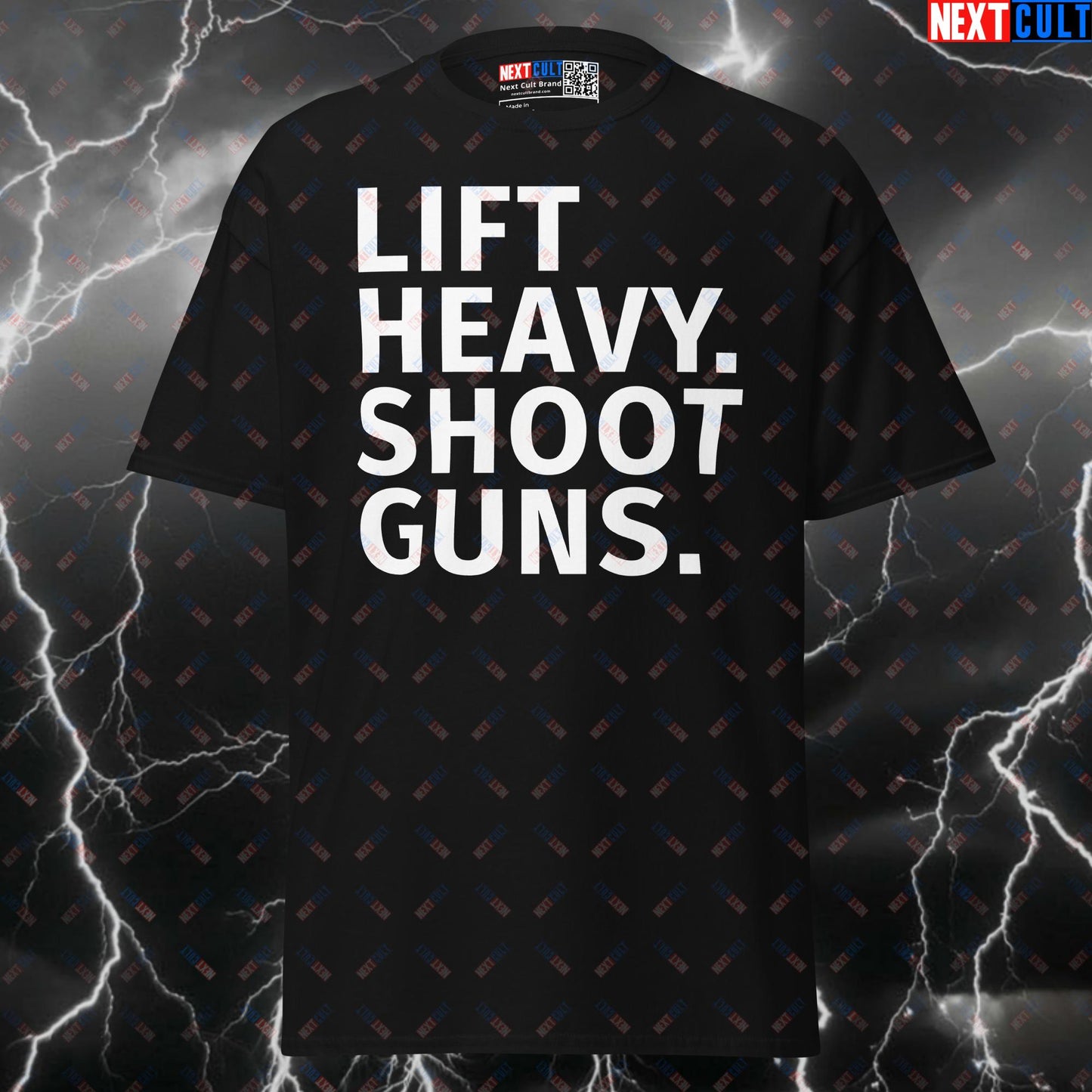 Lift Heavy Shoot Guns Funny Gym Shirt | Graphic Tee for Bodybuilding & Fitness Gains | Pump Cover Meme Top Next Cult Brand