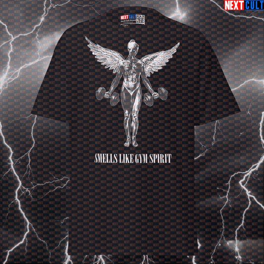 Smells Like Gym Spirit Funny Gym Shirt | Grunge Workout & Pump Cover Tee for Lifters & Gymbros T-shirts Bodybuilding Fitness Gym Nirvana Powerlifting Pump Cover Rock Music Workout Next Cult Brand