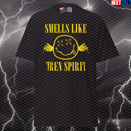 Smells Like Tren Spirit Funny Gym T-Shirt | Not Natty Grunge Graphic Tee & Pump Cover for Lifters T-shirts Bodybuilding Fitness Gym Nirvana Powerlifting Pump Cover Rock Music Steroids Workout Next Cult Brand