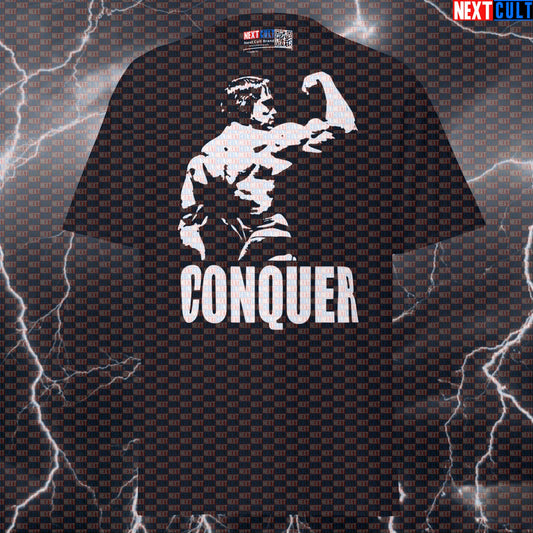 Conquer the Gym Like Arnold Funny Gym T-Shirt | Bodybuilding Meme Pump Cover Graphic Tee for Lifters T-shirts Arnold Schwarzenegger Bodybuilding Fitness Gym Pump Cover Workout Next Cult Brand